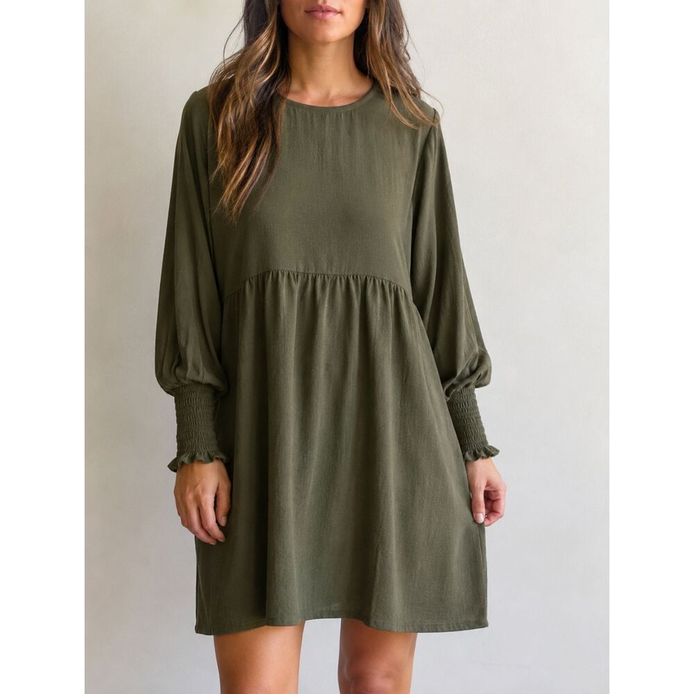 Olive Green Babydoll Dress Smocked Sleeves Long Sleeve Size L